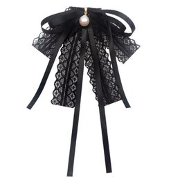 Bow Ties Women Black Lace Ribbon Tie Pearl Pendant Brooch Pin Necklace Jabot CollarBow