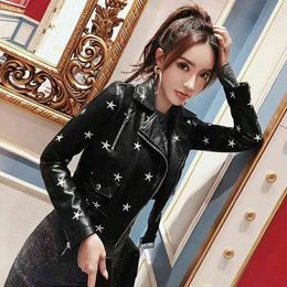 New 2022 Slim Fit Women Casual PU leather Motorcycle Jackets Punk print Stylish coats L220728