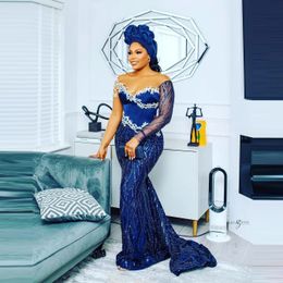 Royal Blue Beaded Lace Prom Dresses 2022 Sexy Long Sleeves With Train Plus Size Women Evening Dressing Gowns For Party Aso Ebi