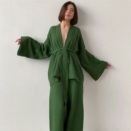 Restve Cotton Women's Nightgown 2 Pieces Set Drop Sleeves Robe Trouser Suits Flare Female Pyjamas Summer Bathrobe For Woman 220329