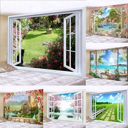 Tapestry 3D Imitation Window Forest Landscape Carpet Wall Hanging Bohemian Psyc