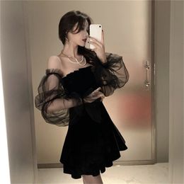 Fashion Mesh Stitching Bubble Sleeve Dresses Women Spring &Autumn Strapless Waist Puffy Dress Black 220406