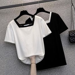 Women's T-Shirt Women Summer Clothes Ribbed Knitted ShortSleeve Tops Design Tee Sexy Female Slim Black White Gray 4XLWomen's