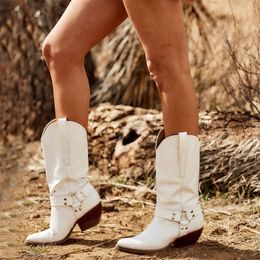 BONJOMARISA Print White Cowboy Mid Calf Boots Autumn Slip On Metal Chain Roman Style CasUAl Ridding Shoes 220813