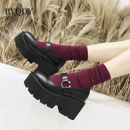 BYQDY Platform High Heels Women Shoes Round Head Mary Jane Shoes Black Height Increasing PU Leather Female Pumps Worker Shoes LJ200928