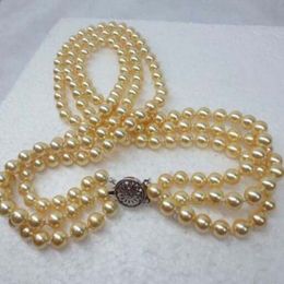 3 Rows 8mm Natural Yellow South Sea Shell Pearl Round Beads Necklace 18" AAA