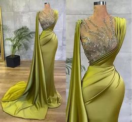 NEW Lemon Green Satin Mermaid Prom Evening Dresses Sheer Mesh Top Sequin Beads Ruched Occasion gowns with cape Wear Robe de soriee