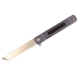 R6255 Flipper Folding Knife D2 Satin Tanto Point Blade Blue TC4 Titanium Alloy With Carbon Fiber Handle Ball Bearing Fast Open Knives EDC Tools