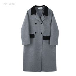 Retro Women Suit Collar Contrast Color Wool Grey Jacket Loose Wild Double-Breasted Over Knee Mid-length Jacket Female Warm L220725