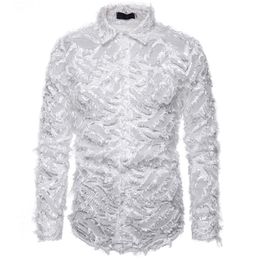 Men's White Feather See Through Nightclub Shirts Slim Fit Long Sleeve Sexy Lace Shirt Men Party Stage Singer Costume Homme XXL 220322