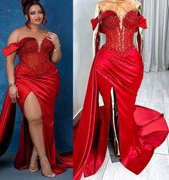 2022 Plus Size Arabic Aso Ebi Red Mermaid Sexy Prom Dresses Sheer Neck Satin Evening Formal Party Second Reception Birthday Engagement Bridesmaid Gowns Dress ZJ666