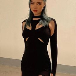 Yiallen Women Spring Casual High Street Stretch Slim Hollow Out Sexy Mini Bodycon Dresses Simple Solid Black 220611