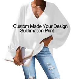 Women's Blouses & Shirts Custom Made On Your Demand Subliminal Print Bubble Sleeve V Neck Chiffon BlouseWomen's