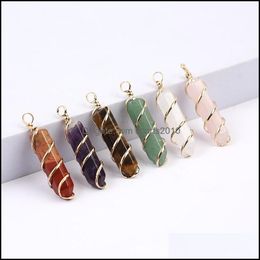 Arts And Crafts Gold Wire Wrap Natural Stone Charms Green Pillar Shape Chakra Pendants For Jewellery Making Wholesale Sports2010 Dhmet