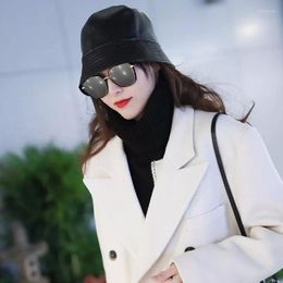 Berets Fashion Elegant Women Caps Genuine Leather Hat Sheepskin Bucket Hats Novelty Women's Trendy Brands Real Cap Delm22