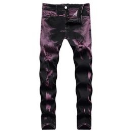 Mens Jeans Light Luxury Mens Slim Fit Tie Dye Denim Pants High Quality Hole Ripped Decorating Purple Street Fashion Sexy Casual