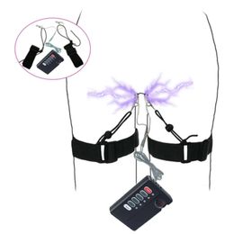 Electric Shock Labia Clamps with Leg Bondage Belt Nipple Clip Vibrator Pussy Clitoris Electro Stimulation sexy Toys for Women