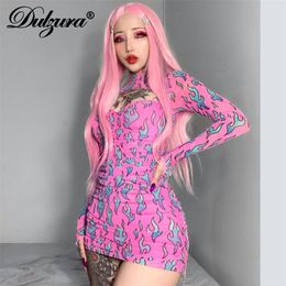 Dulzura Flame Print Hollow Out Women Mini Dress Long Sleeve Gloves Drawstring Ruched Bodycon Sexy Streetwear Club Gothic Autumn 220722