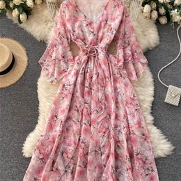 Women Chiffon Floral Dress Korean V Neck Short Sleeve Belt A-line Dress Summer Boho Print Ruffles Beach Midi Dress 220516