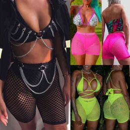 2020 New Sexy Women See-through Shorts Bikini Cover Up Stretch Mesh Fishnet Bottoms Plus Size Ladies Loose Beachwear Swimwear Y220417