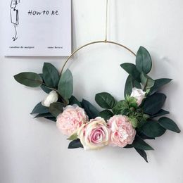 Decorative Flowers & Wreaths Artificial Wreath Iron Ring Hanging Floral Ornament Pink Rose Simulation Garland Door Wall Home Party Decoratio