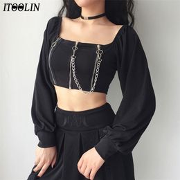 ITOOLIN Women Y2k Chains Tees Dark Black Gothic Zipped Top Sexy Off Shoulder T-shirts Clubwear Long Sleeve Crop Tops Knit 220402