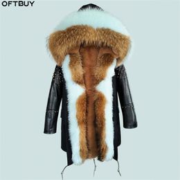OFTBUY Long Parka Real Fur Coat Winter Jacket Women Natural Sheepskin Leather Rivet Sleeves Outerwear Streetwear Casual 201126