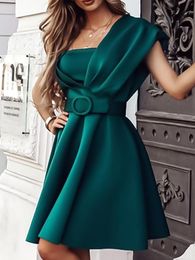 Casual Dresses Summer Elegant One Shoulder Shawl Party Dress Women Backless PleatSolid Mini Fashion Bondage Waist With Belt A-Line