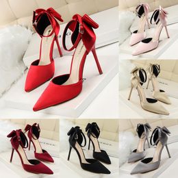 TopSelling Women's Korean version sweet beauty sandals thin high heels shallow mouth pointed silk hollow back bow sandals for girl Classic luxury party shoes