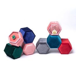 Hexagonal Velvet Ring Box Single Double Slot Wedding Engagement Ring Boxes Earring Pendant Storage Case for Jewelry Packaging