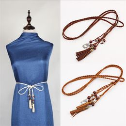 Belts Braided Lacing Belt 10 Colour Thin Retro Wood Beads Tassel Decorate For Girls Dress Fashion Narrow Strap WaistbandBelts