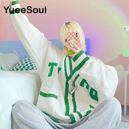 Knitted Oversized Sweater White Letter Print Women Cardigan with Pocket Y2K 90s E girl Vintage Cute Casual Streetwear 220719