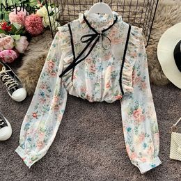 Neploe Stand Collar Wooden Ear Long Sleeve Chiffon Shirt Lace Up Bow Design Pleat Blusas Autumn Spring Holiday Beach Shirt 48169 201202