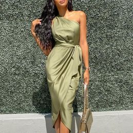 Casual Dresses 2022 Summer Women's Fashion Dress One Shoulder Satin Ruched Design Midi Sleeveless Bodycon Split Party