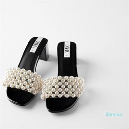 Womens Pearls Decor Clear PVC Transparent Block Heel Slipper Slides Slingbacks Shoes Summer Peep Toe Black