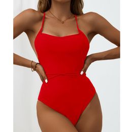 Women's Swimwear Sexy Red One-Piece Swimsuit Women's Closed 2022 Push Up Swimming Wear Bodysuit Bathing Suit Beachwear Pool BatherWomen'