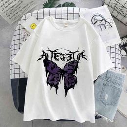 Men's Blouse Butterfly Print Oversized T-shirt Harajuku Crop Top Women Clothes Kawaii Streetwear Short Sleeve Female Clothing G220512