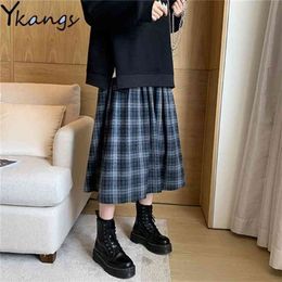 Harajuku Plus Size High Waist Vintage Plaid Pleated Skirts Autumn Winter Wool Women Skirt Long Elegant Cute Kawaii Girls Saias 210421