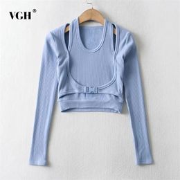 VGH Casual Hollow Out T Shirt For Women O Neck Long Sleeve Sashes Solid Minimalist Shirts Female Fashion Clothing Spring 220402