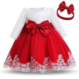 Baby Girls Christmas Princess Dress 1 Year Old Birthday Party Long Sleeve Lace Dress Winter Infant Newborn 2nd Christening Gown G220428