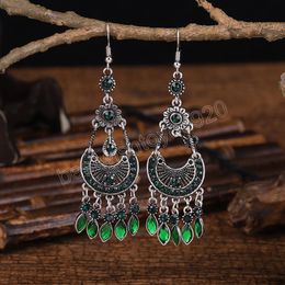 Bohemia Ethnic Women's Crystal Ladies Dangle Earrings Orecchini Jewelry Retro Blue Crescent Flower Jhumka Earrings Hangers