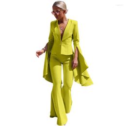 High Street Blazer Set Women Suits Deep V-neck Flare Sleeve Coat Pants Bell Bottoms Formal Elegant Two Piece Femme