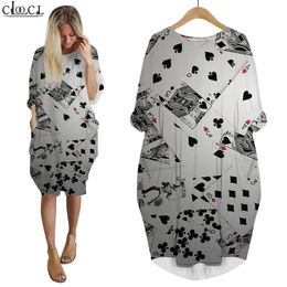 Women Dress Playing Cards 3D Graphics Loose Daughter Dresses Printed Long Sleeve Fashion Summer Gown Pocket Dress W220616