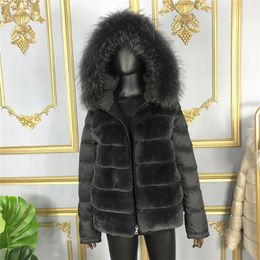 Coat Real Rabbit Fur Hooded Black Down Jacket Winter Women Classic Short Casual Outerwear Real Raccoon Fur Collar fur coat women 201214