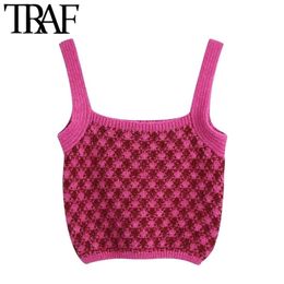TRAF Women Sweet Fashion Check Knit Tank Tops Vintage Straight Neck Wide Straps Female Camis Mujer 220325