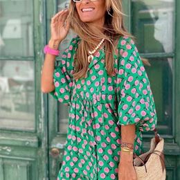 Boho Maxi Dres Floral Print Summer Holiday Beach Dress Female Short Puff Sleeve Loose Sundress Green Vestidos Mujer 220611