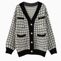 Loose Cosy Knitting Cardigan Autumn Winter Button Cardigan Coat Woman Vintage Lattice Sweater Warm Clothes 201223