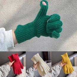 Five Fingers Gloves 1pair Pure Colour Knitted Woollen Female Winter Touch Screen Student Riding Split Finger Couple Thick Warm Women