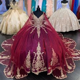 Bury Sequins Sweet 16 Ball Gown Quinceanera Dress 2022 With Detached Cape Beads Appliques Vestidos De 15 Lace-Up 322