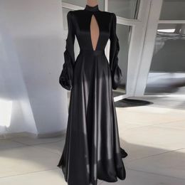 Black Elegant Prom Dresses For Dubai Women 2022 Satin High Neck Long Sleeve Middle East Arab Mermaid Dress Evening Party Formal Gowns